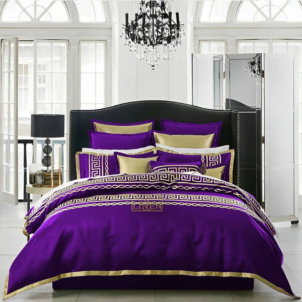 Premium Silk Luxury Embroidered Duvet Set - Purple & Golden