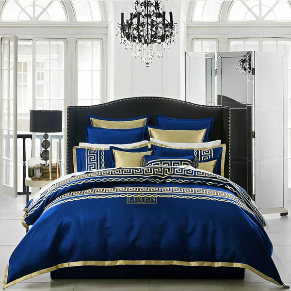 Premium Silk Luxury Embroidered Duvet Set - Royal Blue & Golden