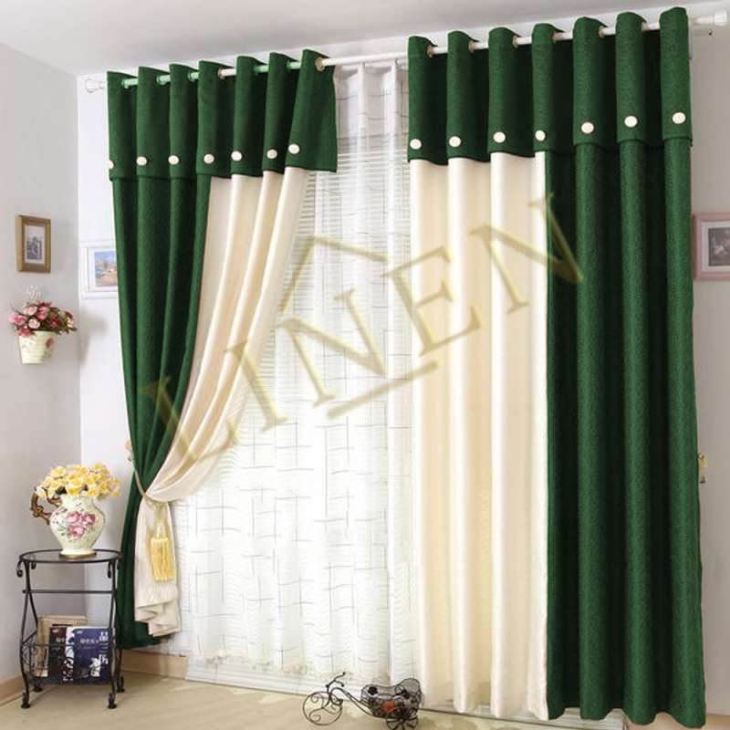 2 Tone Velvet Curtains - Green & Off-White