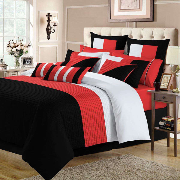 Luxury Horizontal Pleats Duvet Set - Red And Black