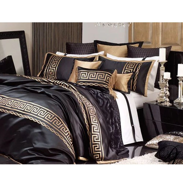 Premium Silk Luxury Embroidered Duvet Set Black & Golden