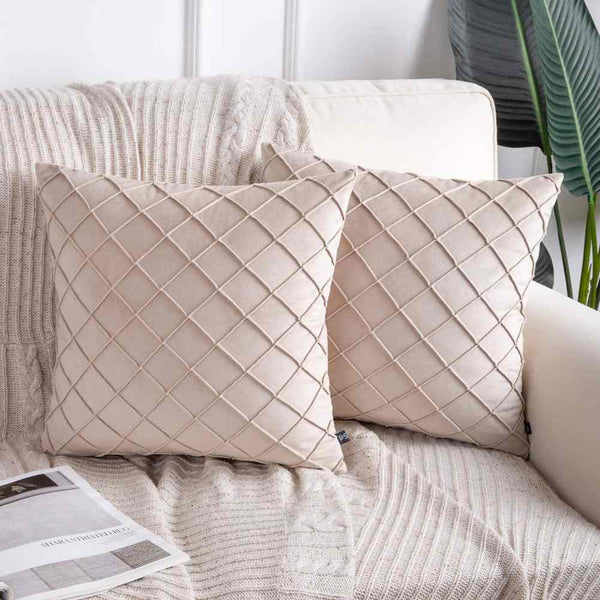 Pack of 2 Velvet Decorative Pleated Square Cushion - Beige - Linen.com.pk