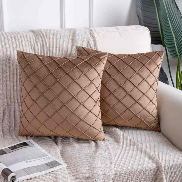 Pack of 2 Velvet Decorative Pleated Square Cushion - Brown - Linen.com.pk