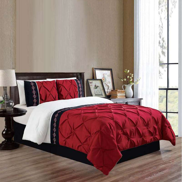 3 Pieces Embroidered Pintuck Duvet Set - Red