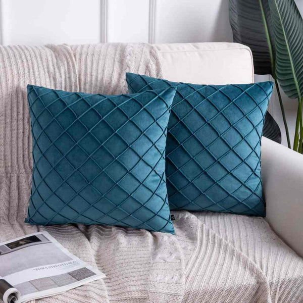 Pack of 2 Velvet Decorative Pleated Square Cushion - Teal - Linen.com.pk