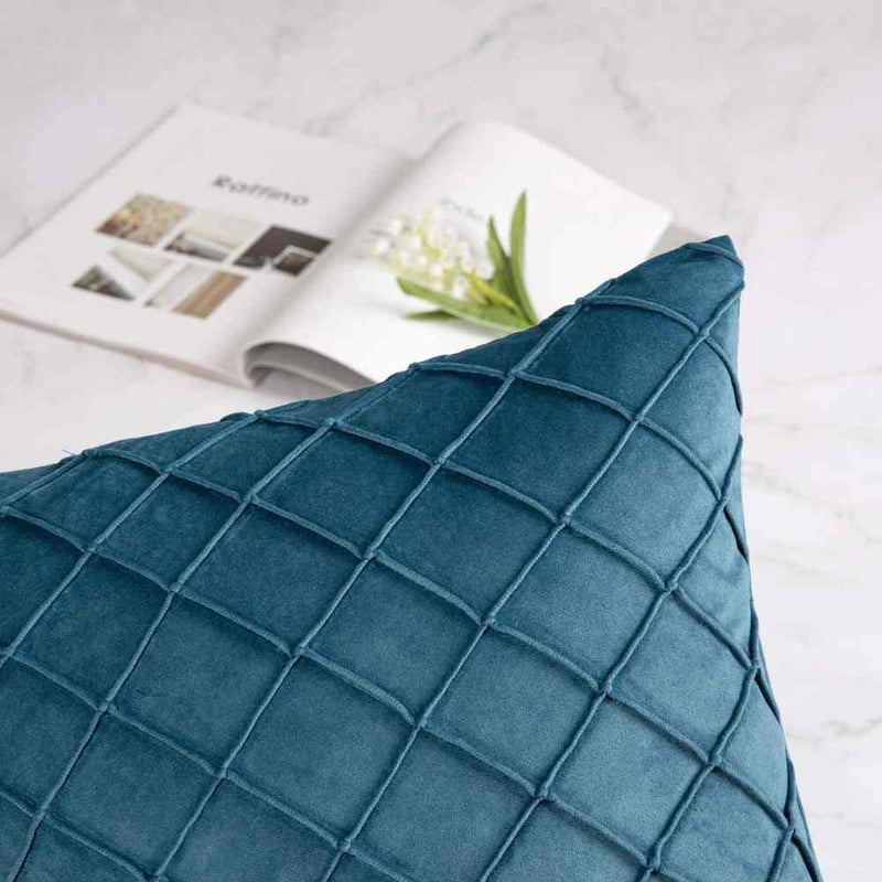 Pack of 2 Velvet Decorative Pleated Square Cushion - Teal - Linen.com.pk