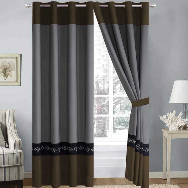 Embroidered Curtains - Grey & Brown