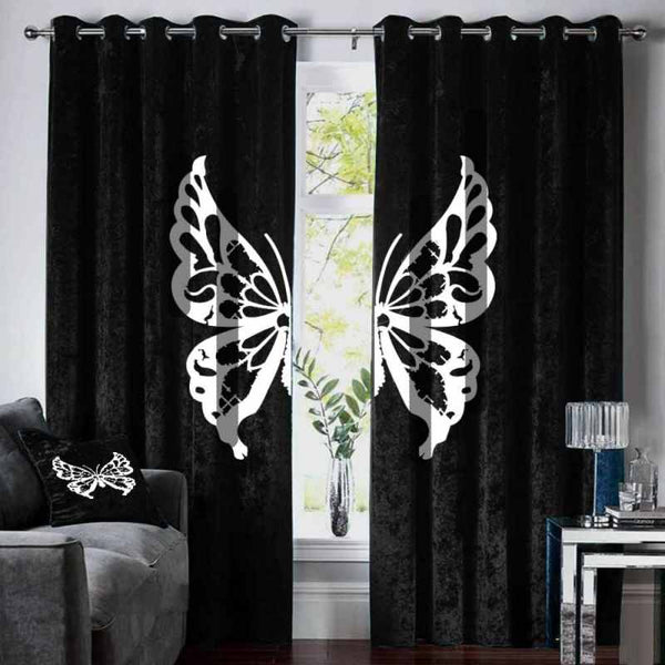 Velvet Curtains Butterfly EMB - Black & White