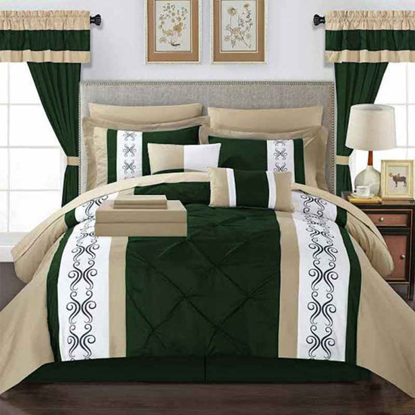 Embroidered Duvet Pleated Set - Green & Skin