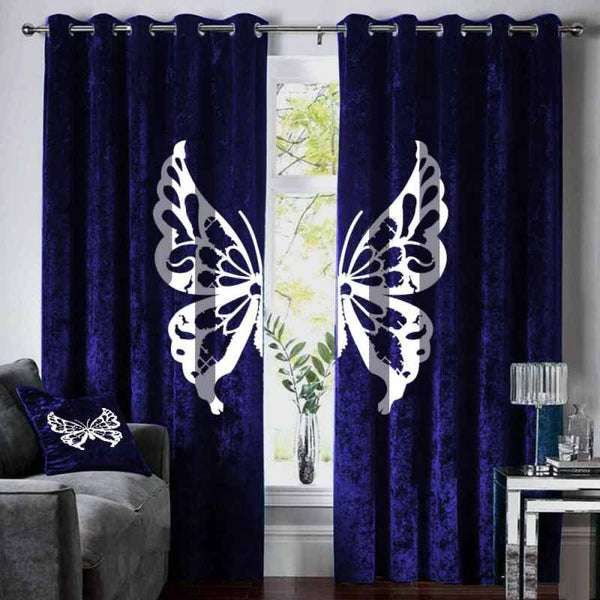 Velvet Curtains Butterfly EMB - Blue & White