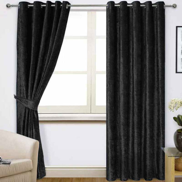 Plain Dyed Velvet Eyelet Curtains - Black