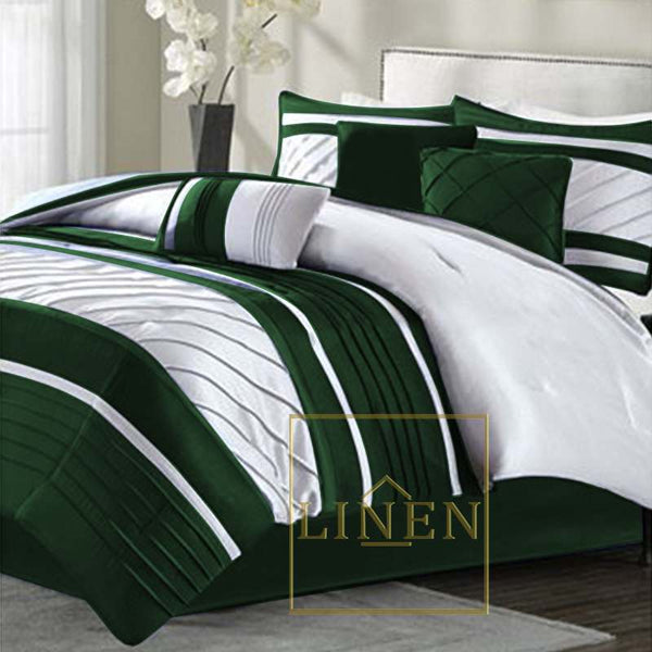 Luxury Horizontal Pleats Duvet Set - Green & White