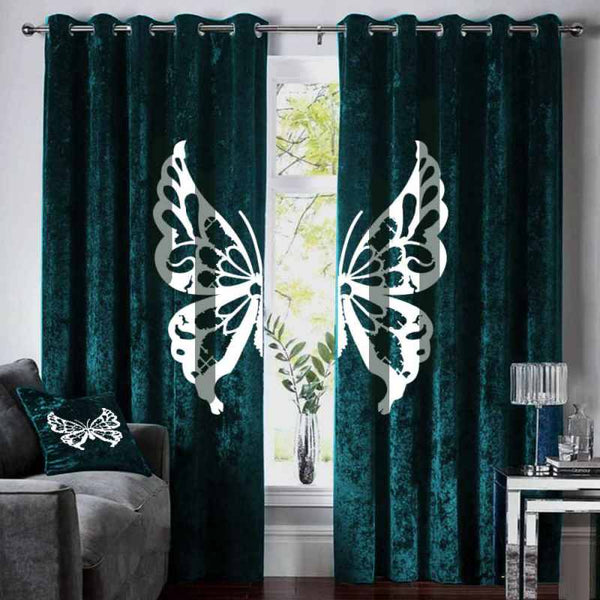 Velvet Curtains Butterfly EMB - Teal & White