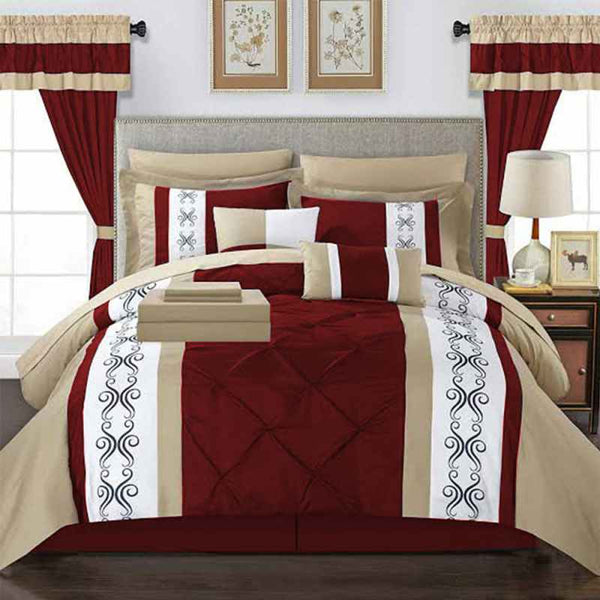 Embroidered Duvet Pleated Set - Red & Skin