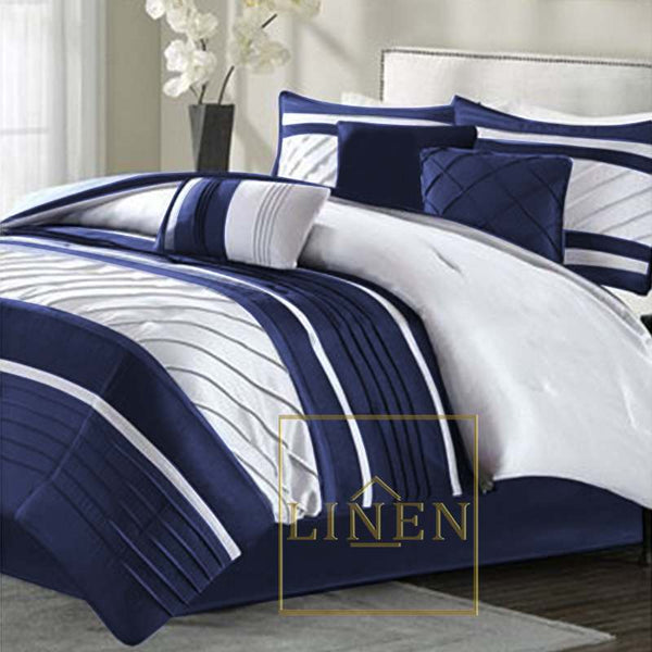Luxury Horizontal Pleats Duvet Set - Blue & White