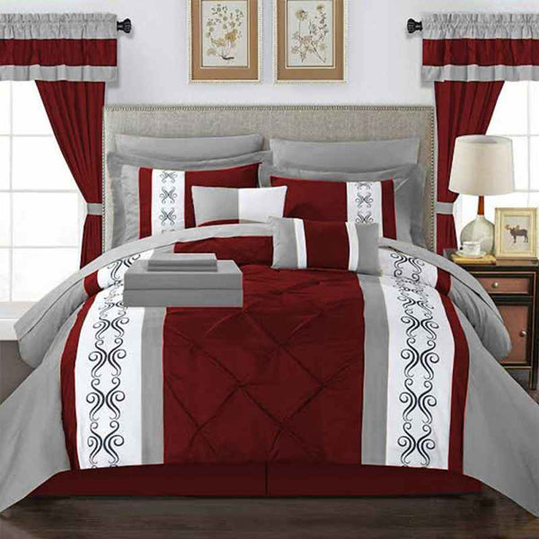 Embroidered Duvet Pleated Set - Red & Grey