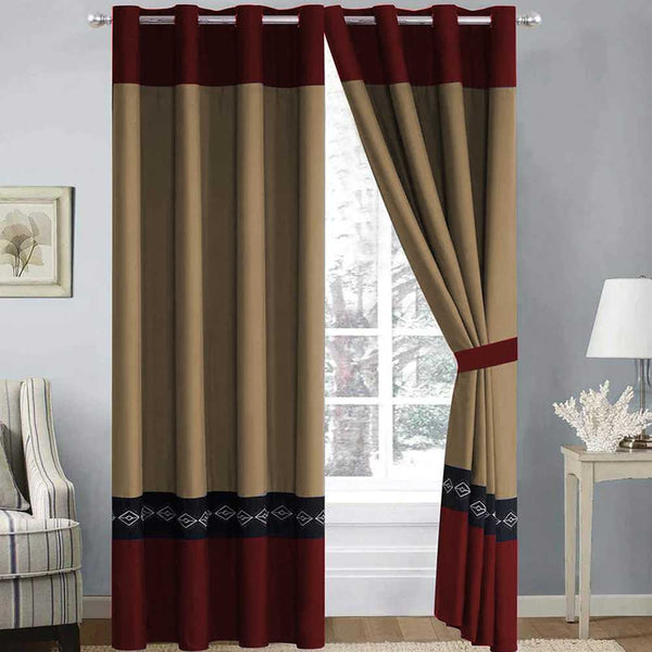 Embroidered Curtains - Skin & Maroon