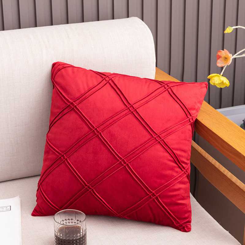 Pack of 2 Velvet Decorative Pleated Square Cushion - Red