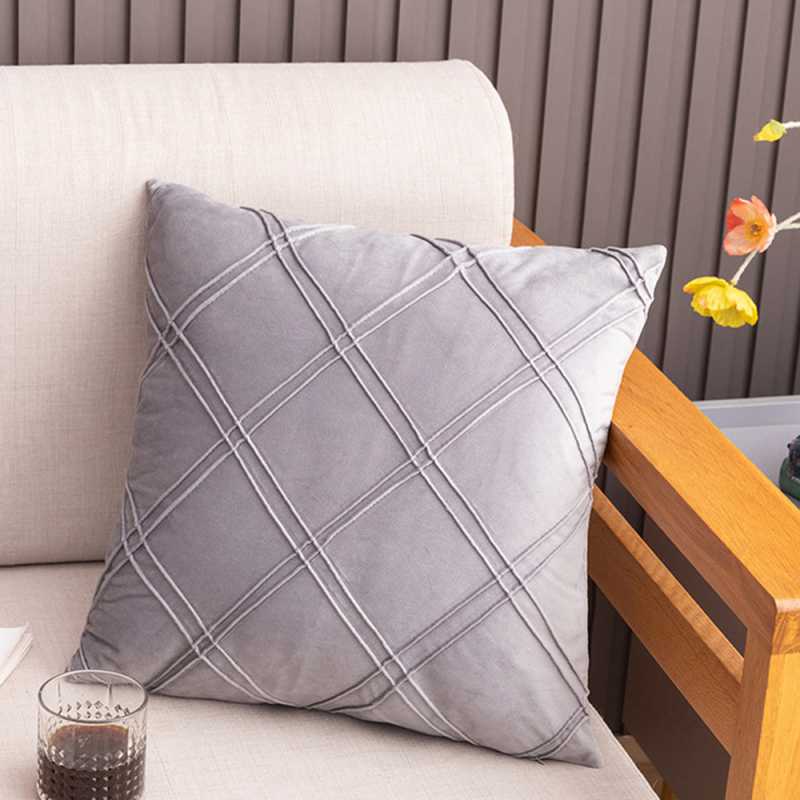 Pack of 2 Velvet Decorative Pleated Square Cushion - Light Grey