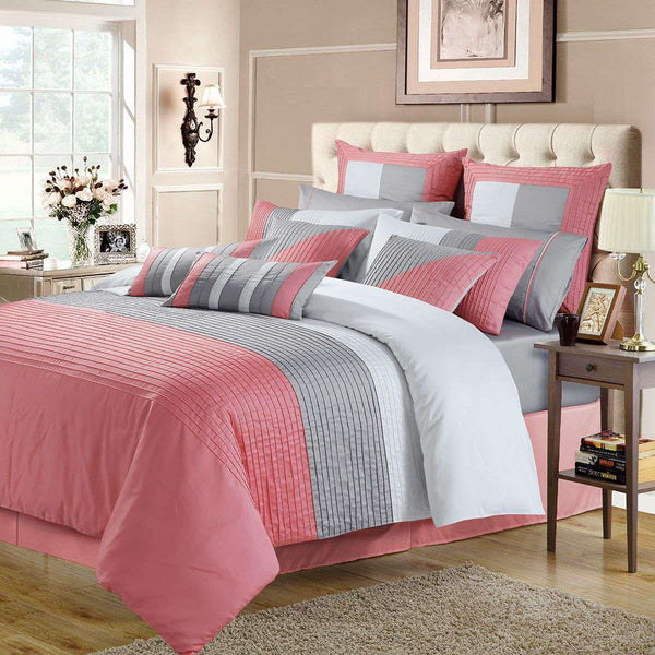 Luxury Horizontal Pleats Duvet Sets - Grey And Pink