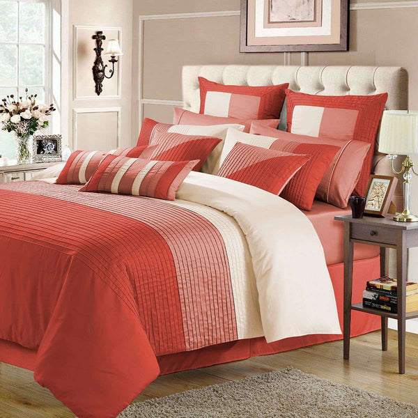 Luxury Horizontal Pleats Duvet Sets - Coral And Peach