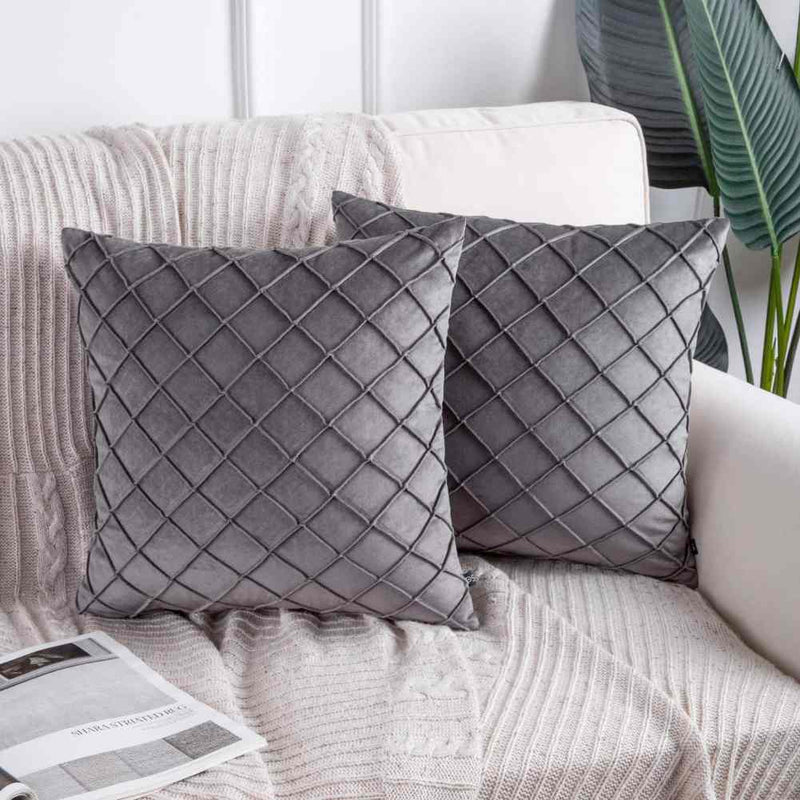 Pack of 2 Velvet Decorative Pleated Square Cushion - Grey - Linen.com.pk