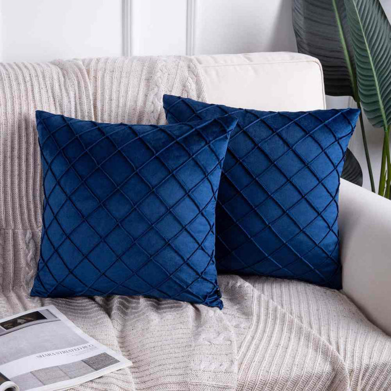 Pack of 2 Velvet Decorative Pleated Square Cushion - Blue - Linen.com.pk