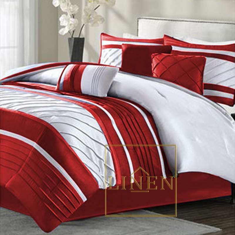Luxury Horizontal Pleats Duvet Set - Red & White