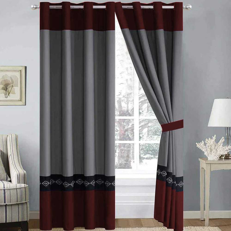 Embroidered Curtains Grey Maroon