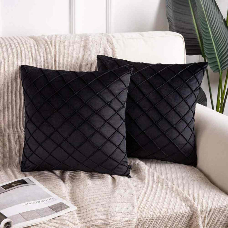 Pack of 2 Velvet Decorative Pleated Square Cushion - Black - Linen.com.pk