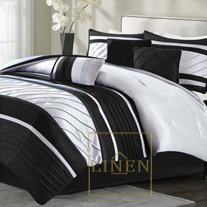 Luxury Horizontal Pleats Duvet Set - Black & White