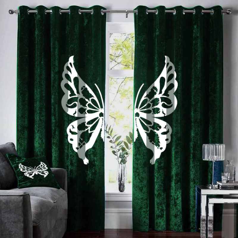 Velvet Curtains Butterfly EMB - Green & White