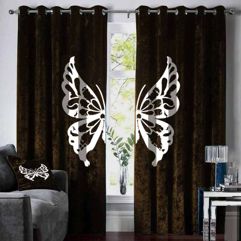 Velvet Curtains Butterfly EMB - Brown & White
