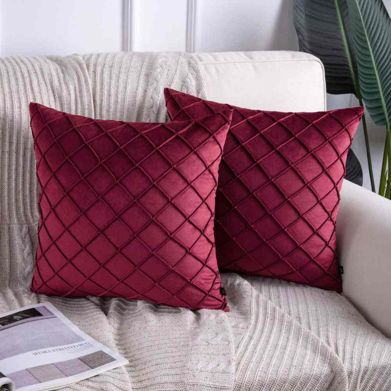 Pack of 2 Velvet Decorative Pleated Square Cushion - Maroon - Linen.com.pk